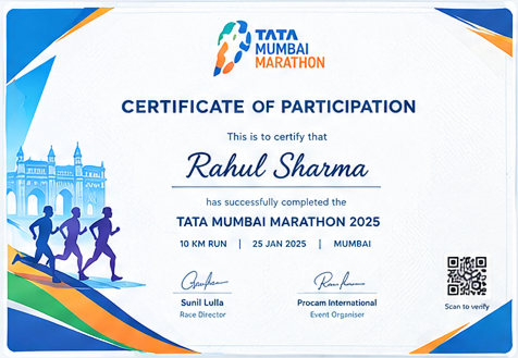 Sample certificate for a Sports event