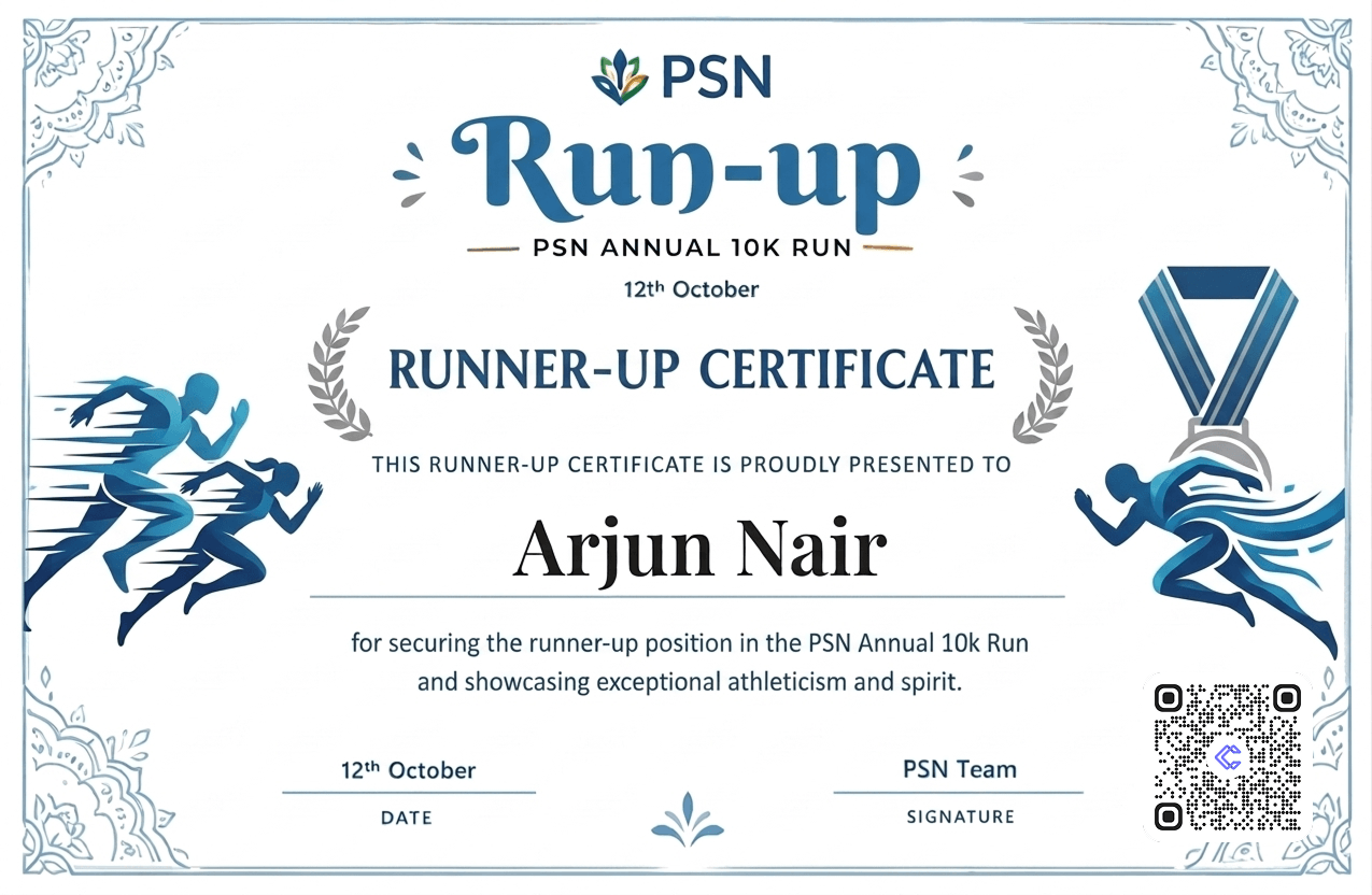 PSN Run-up Runner-up Certificate, presented to Arjun Nair