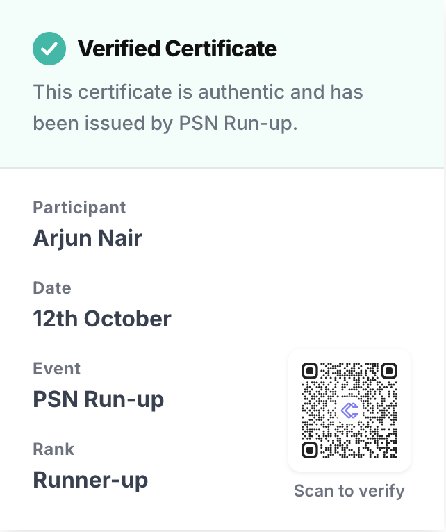 Verified Certificate: PSN Run-up, participant Arjun Nair, Runner-up, with a scan-to-verify QR code
