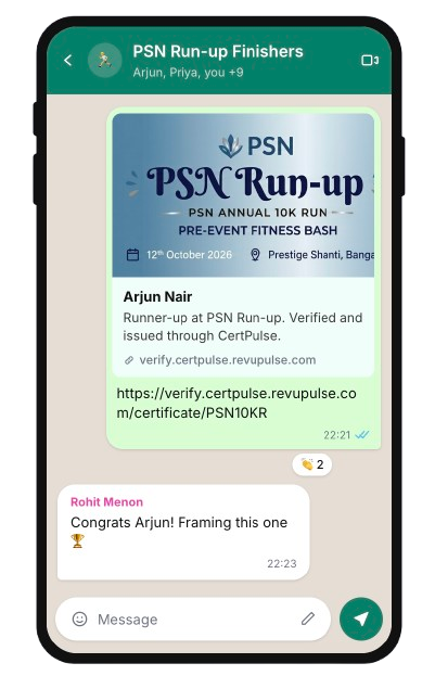 WhatsApp share preview of a verified certificate: Arjun Nair, Runner-up at PSN Run-up, issued through CertPulse